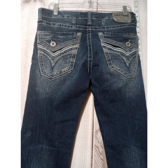 Salvage Havoc Jeans Mens 30x35 Blue Slim Straight Distressed Embroidered Denim - Picture 4 of 9